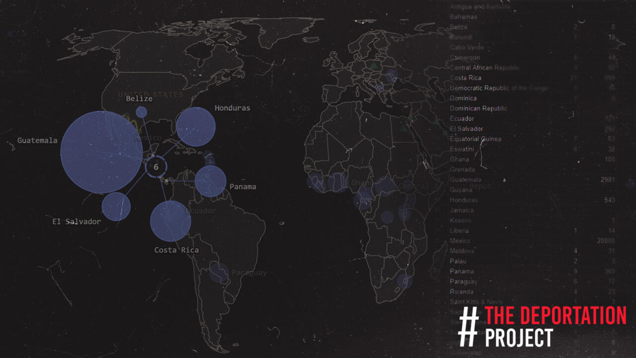 Dark world map showing blue data bubbles over Central America, country names, and The Deportation Project logo.