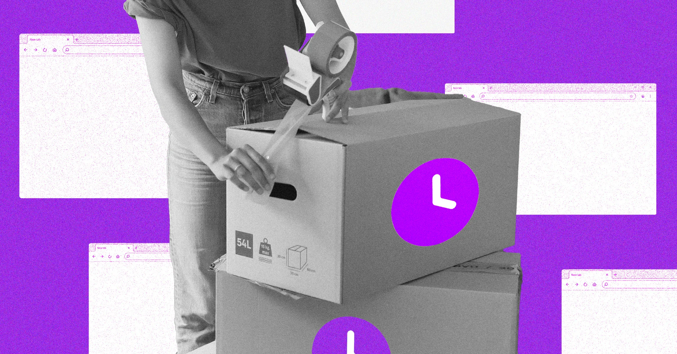 Grayscale person tapes a cardboard box marked with a purple clock icon against purple browser window graphics.