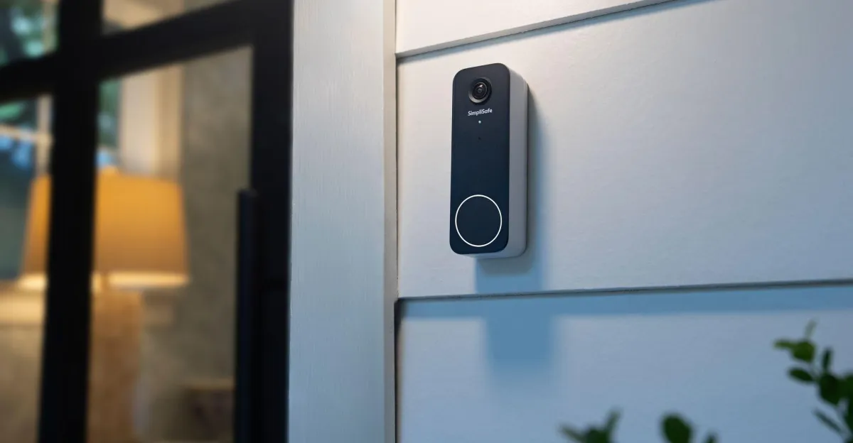 Smart doorbell camera mounted on white exterior siding beside a glass entry door.