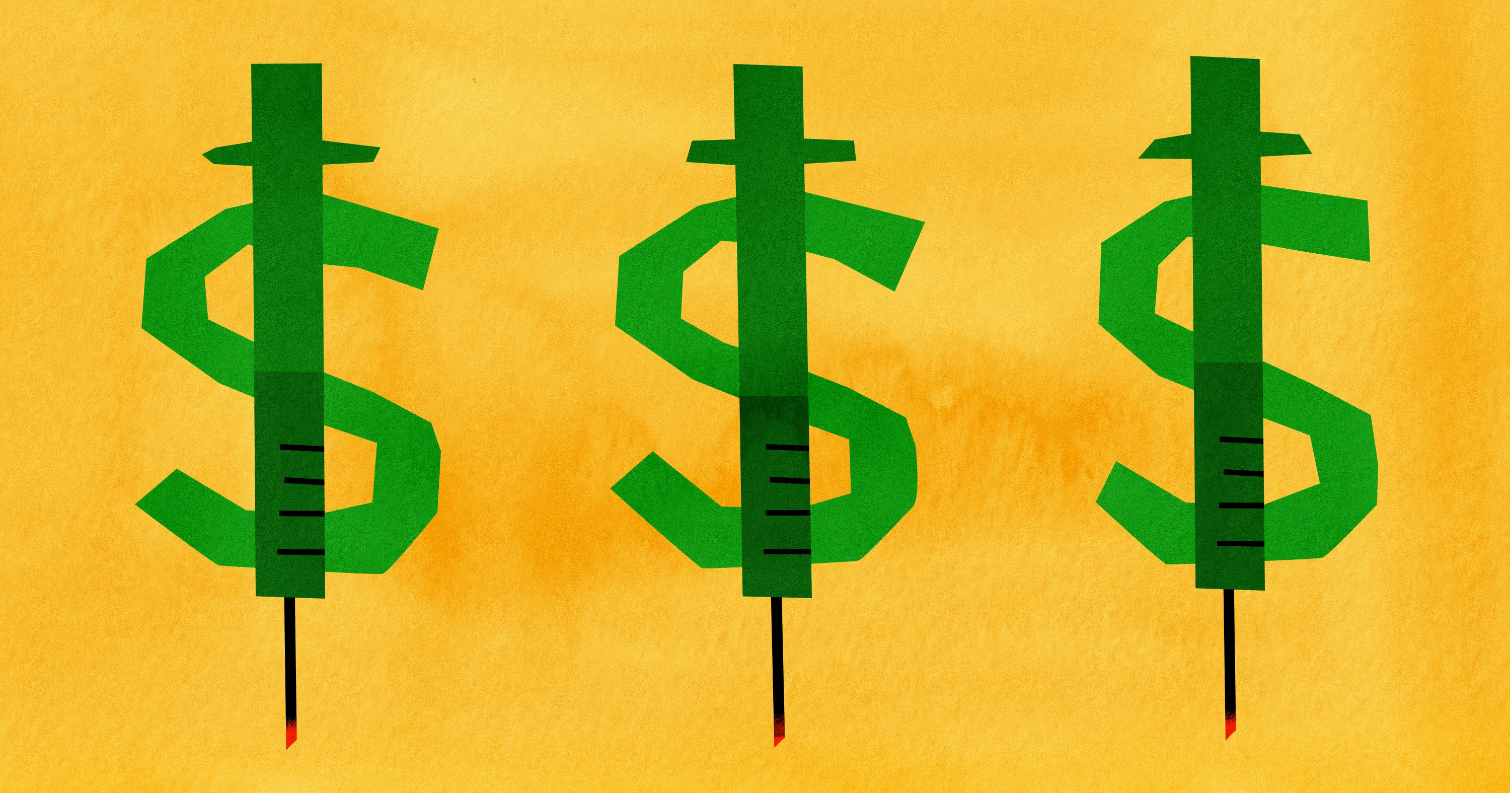 Three green dollar-sign-shaped stakes with black shafts and red tips against a textured yellow background.