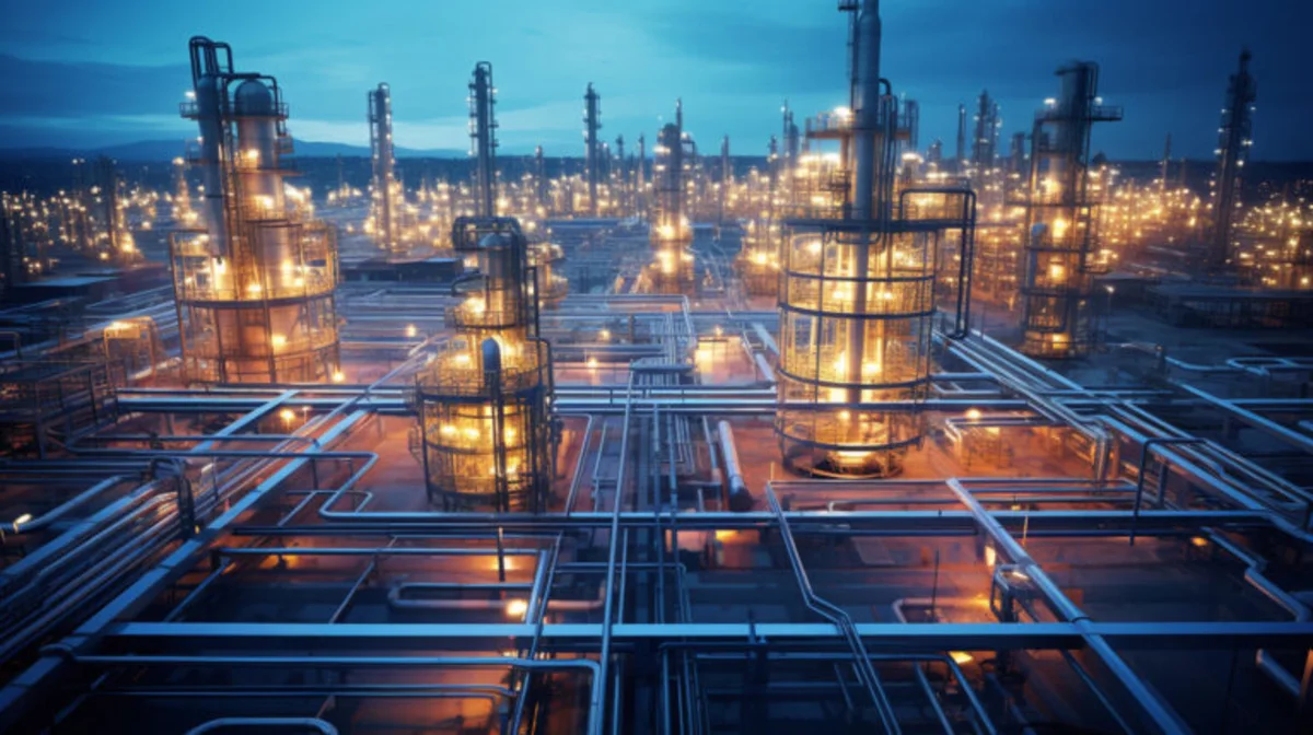 Industrial refinery complex with illuminated towers and interconnected pipelines at dusk