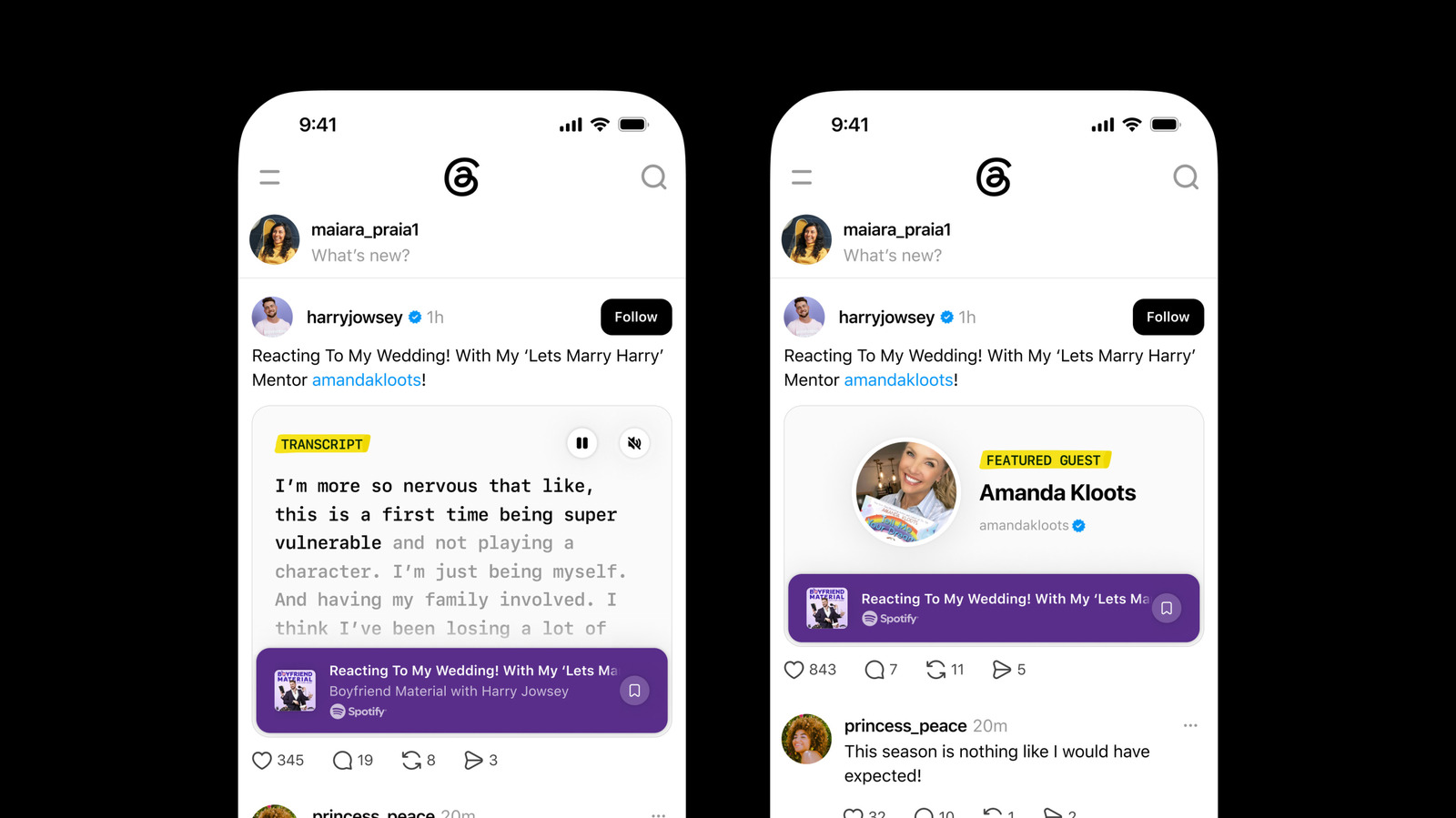 Two Threads mobile screens show a podcast transcript and a featured guest card with Spotify audio controls.