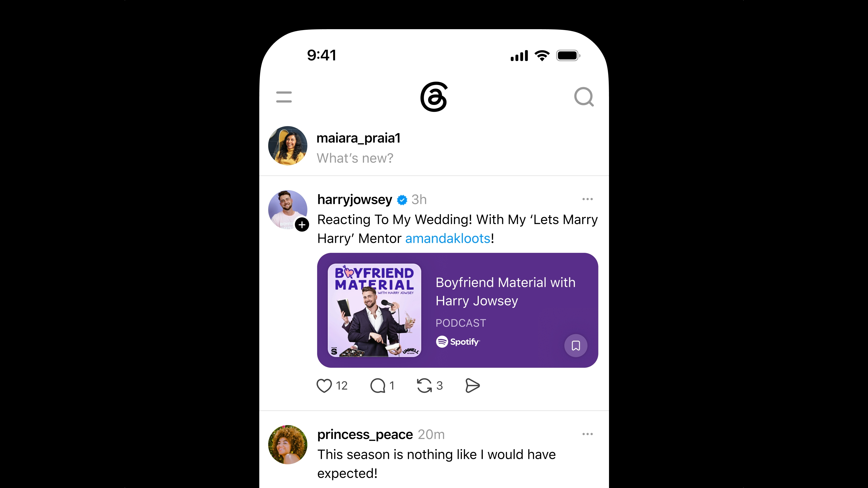 Threads feed displays a podcast promotion card for “Boyfriend Material with Harry Jowsey,” alongside posts.