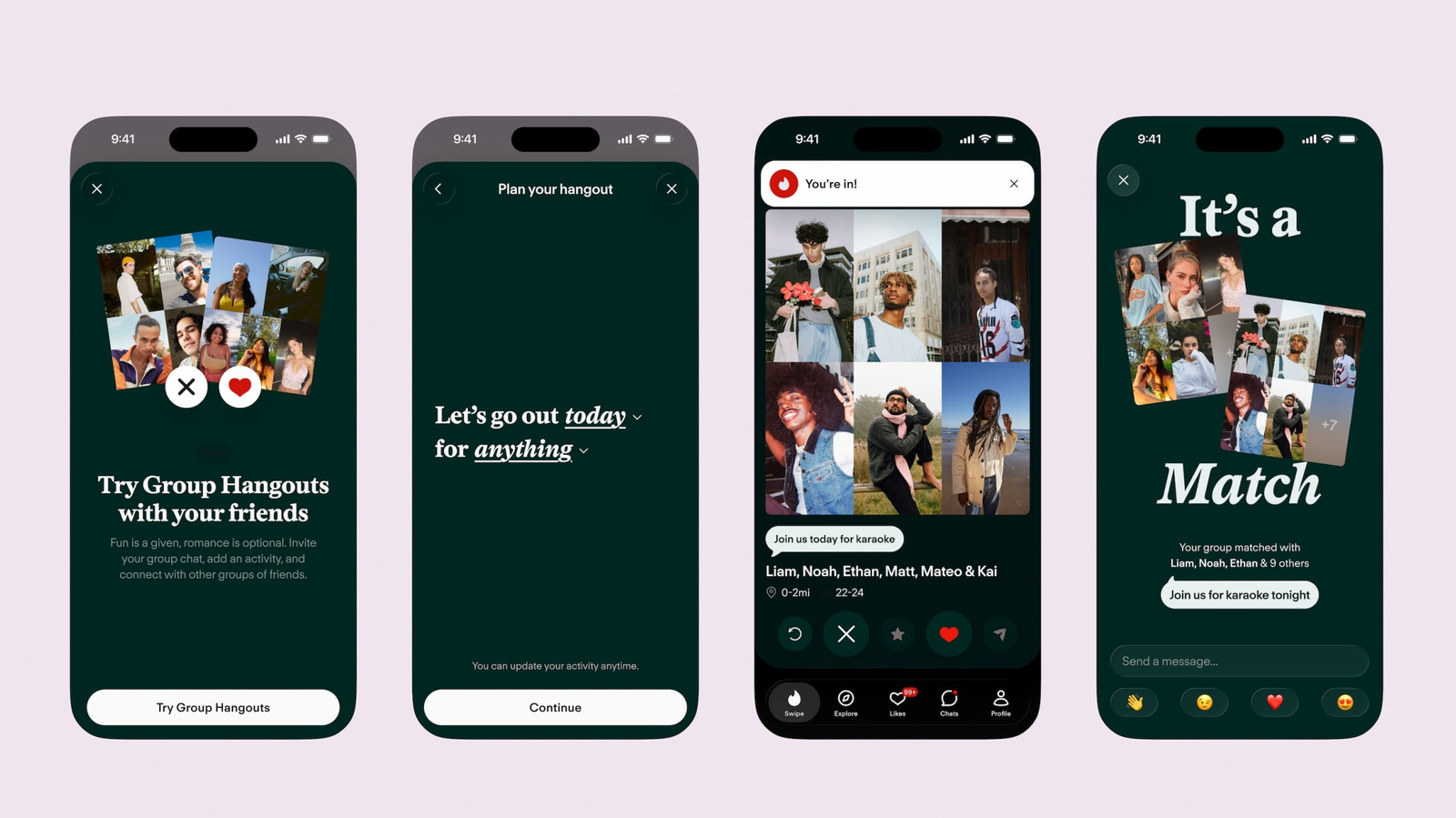 Four phone screens show Tinder group hangout setup, a group profile card, and a match conversation.