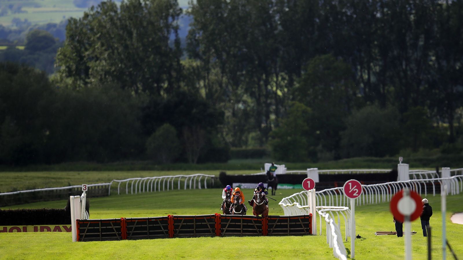 Jockeys race horses over a fence on a sunlit turf course, with wooded countryside beyond.