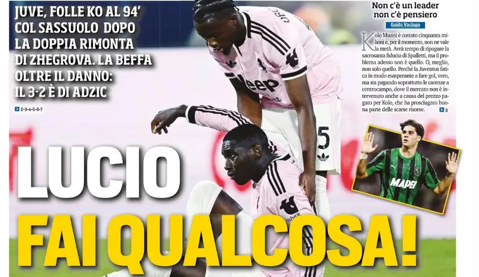 Italian sports newspaper front page showing Juventus players and a Sassuolo player in an inset photo
