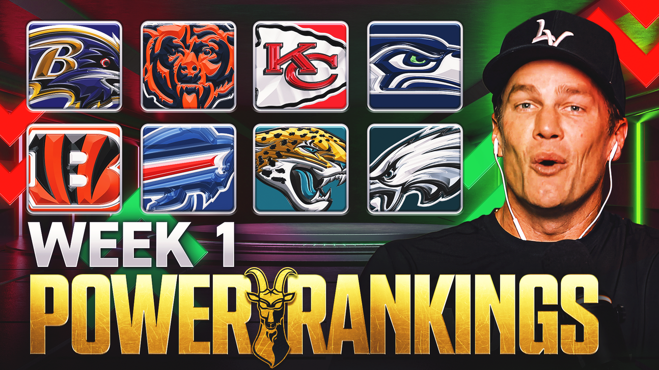 Football team logos beside a man in a cap above Week 1 Power Rankings text