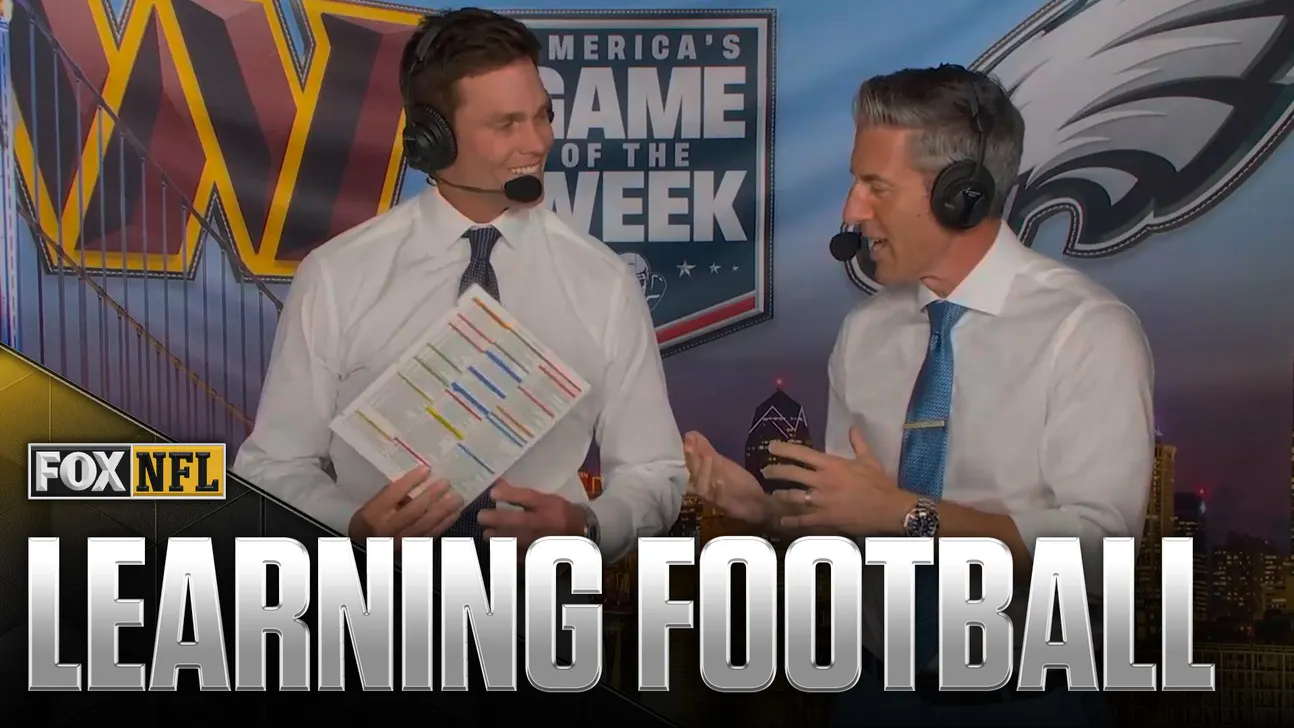 Two football broadcasters discuss a colorful offensive play sheet during a televised Fox NFL segment.