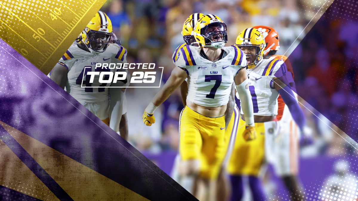 LSU football players in yellow uniforms running onto field beneath projected Top 25 graphic