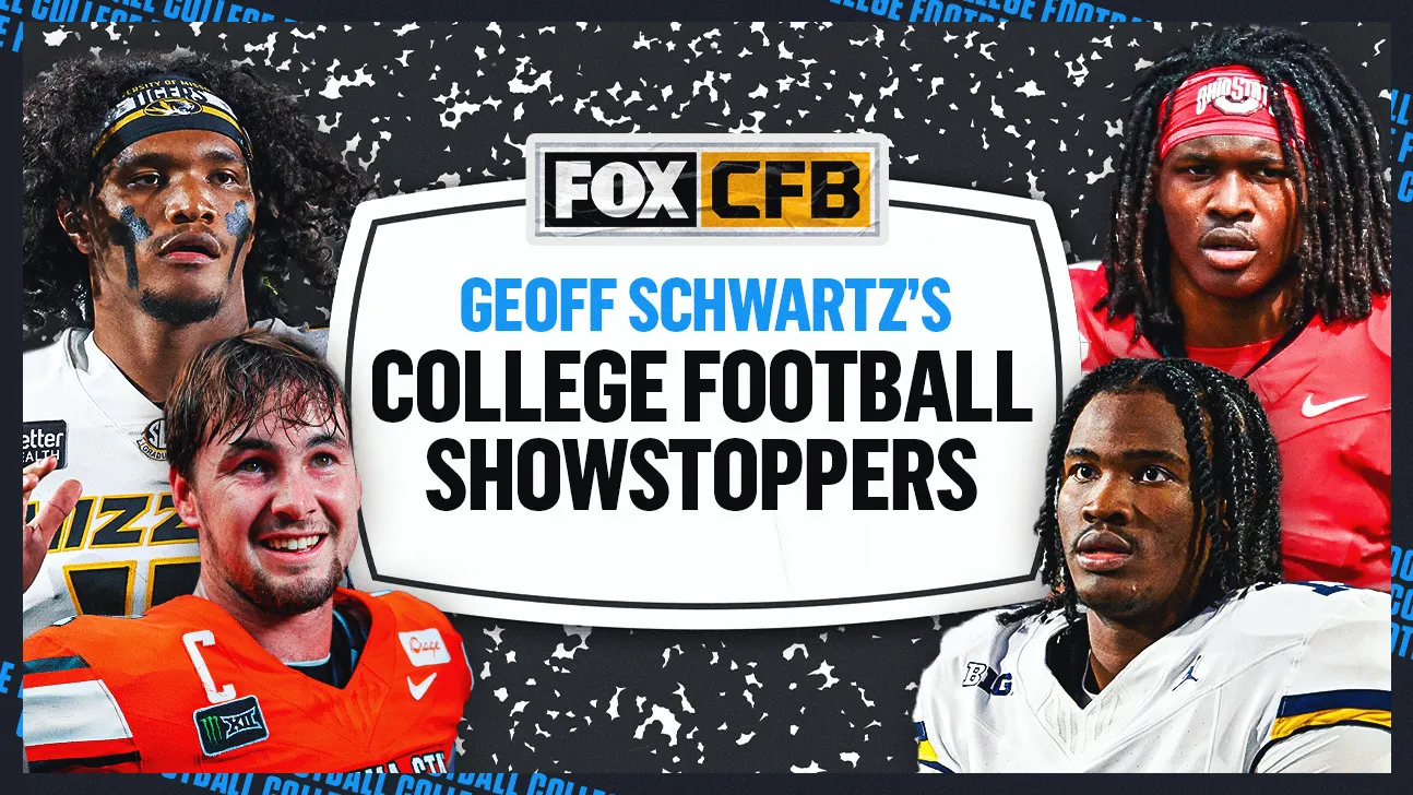 College football graphic with four players surrounding a central FOX CFB Showstoppers title.