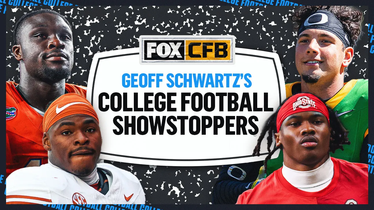 Four college football players frame a FOX CFB College Football Showstoppers title graphic.