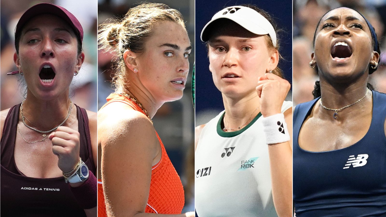 Composite of four female tennis players in competition attire, shown reacting intensely during matches.
