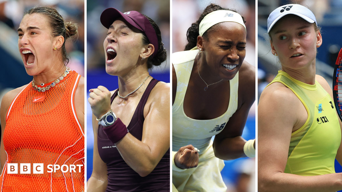 Composite of four female tennis players celebrating or reacting during matches