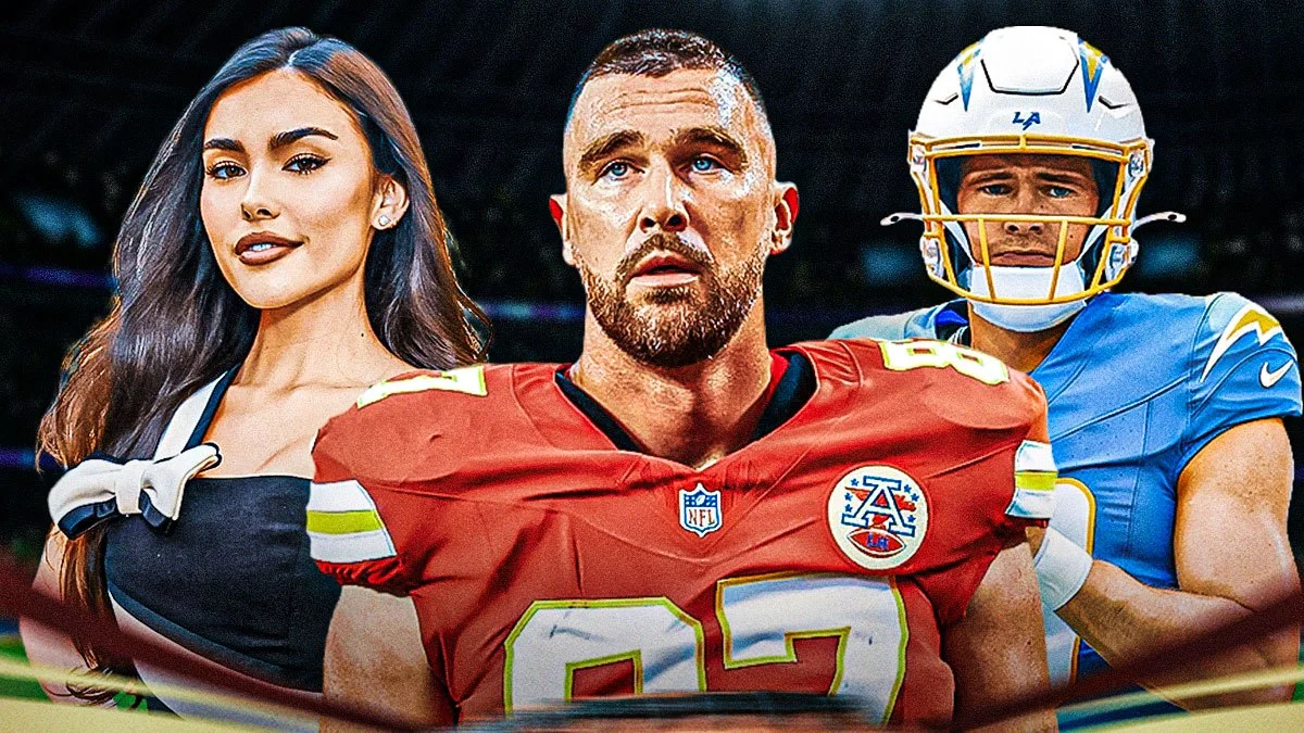 Composite showing a woman, a Kansas City Chiefs player in red, and a Los Angeles Chargers player in blue.