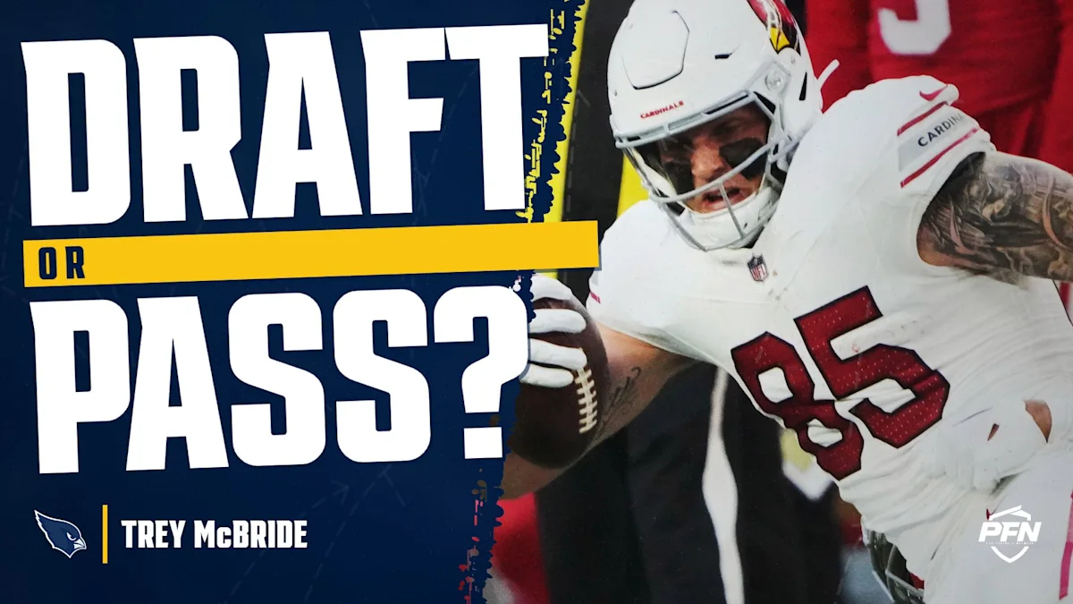 Graphic featuring Trey McBride in a Cardinals uniform beside bold “Draft or Pass?” text.
