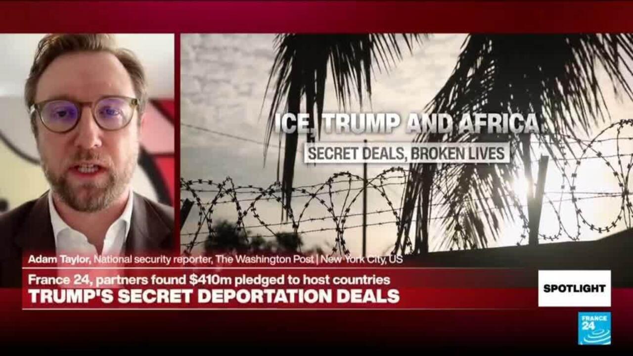 Split-screen news broadcast showing a bespectacled man beside a graphic about Trump deportation deals.