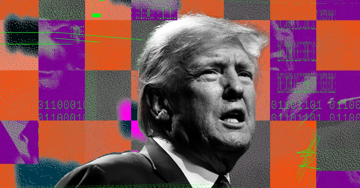 Grayscale portrait of Donald Trump surrounded by colorful glitch effects, binary code, and abstract digital graphics