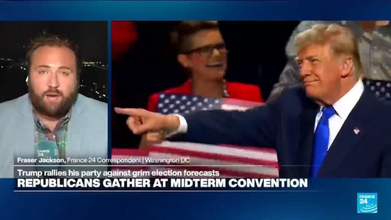 Donald Trump points across a crowd during a televised Republican midterm convention broadcast.