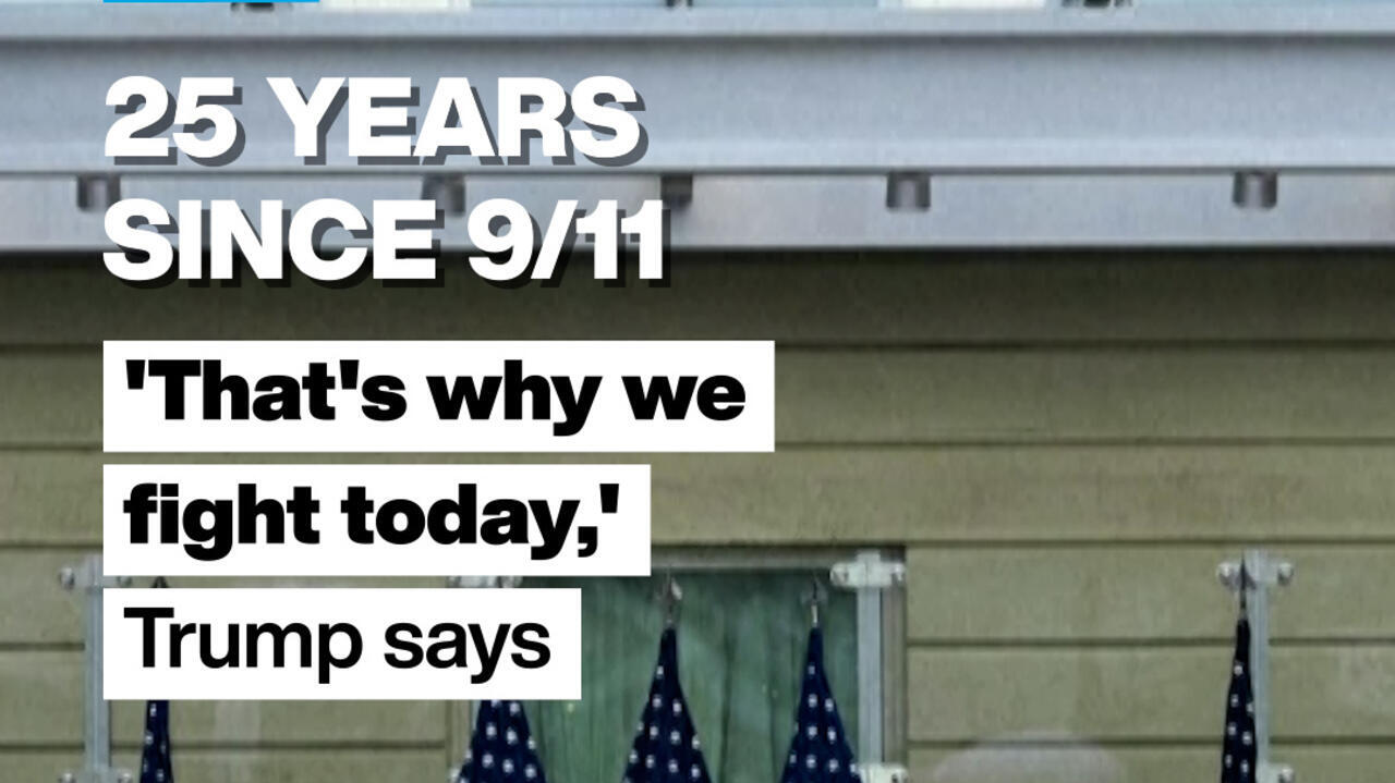Graphic text over Pentagon exterior with American flags and message marking 25 years since 9/11.