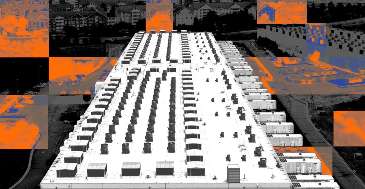 Aerial view of a large data center rooftop surrounded by black, white, orange, and blue city imagery.