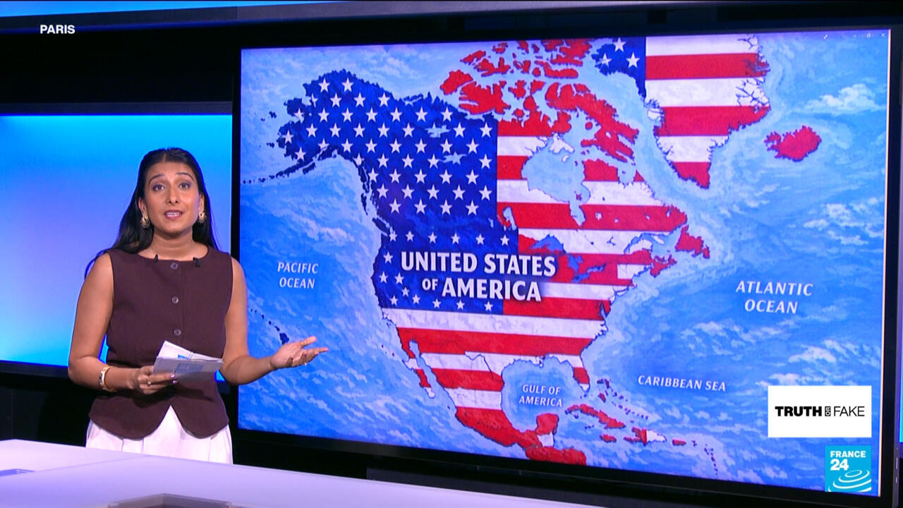 News presenter beside a screen displaying a U.S.-flag map of North America and surrounding regions