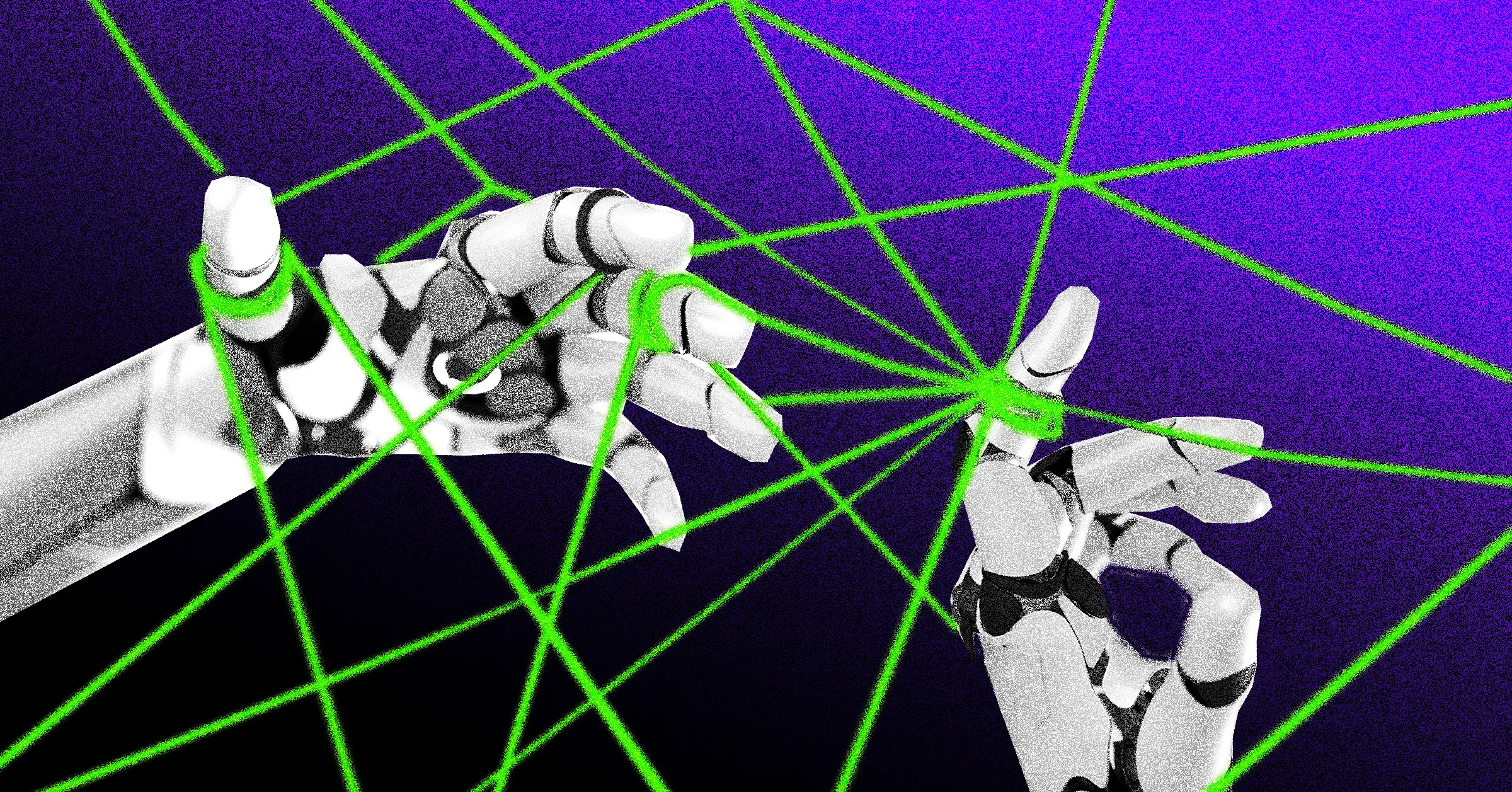 Two robotic hands reach toward each other amid bright green lines on a purple background.