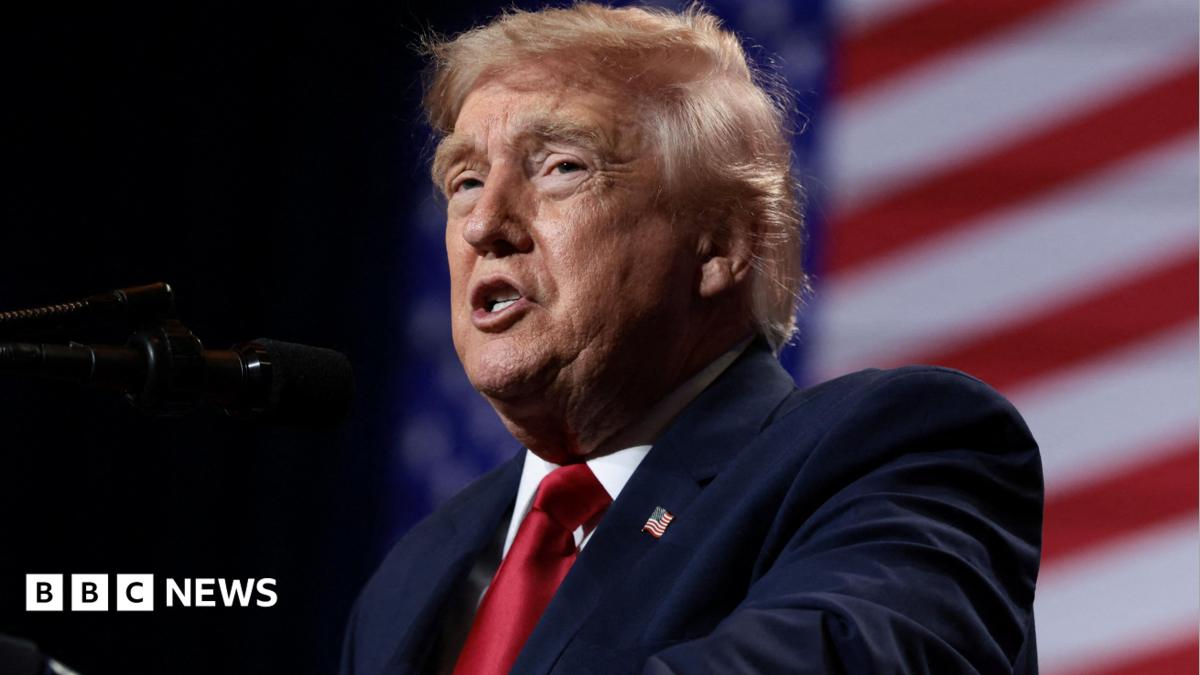 Donald Trump speaks at a microphone with an American flag visible behind him.