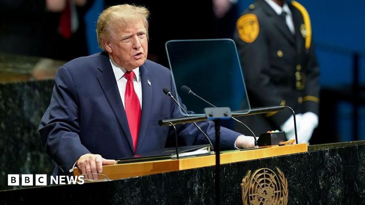 Donald Trump speaks at a lectern bearing the United Nations emblem during a formal address.