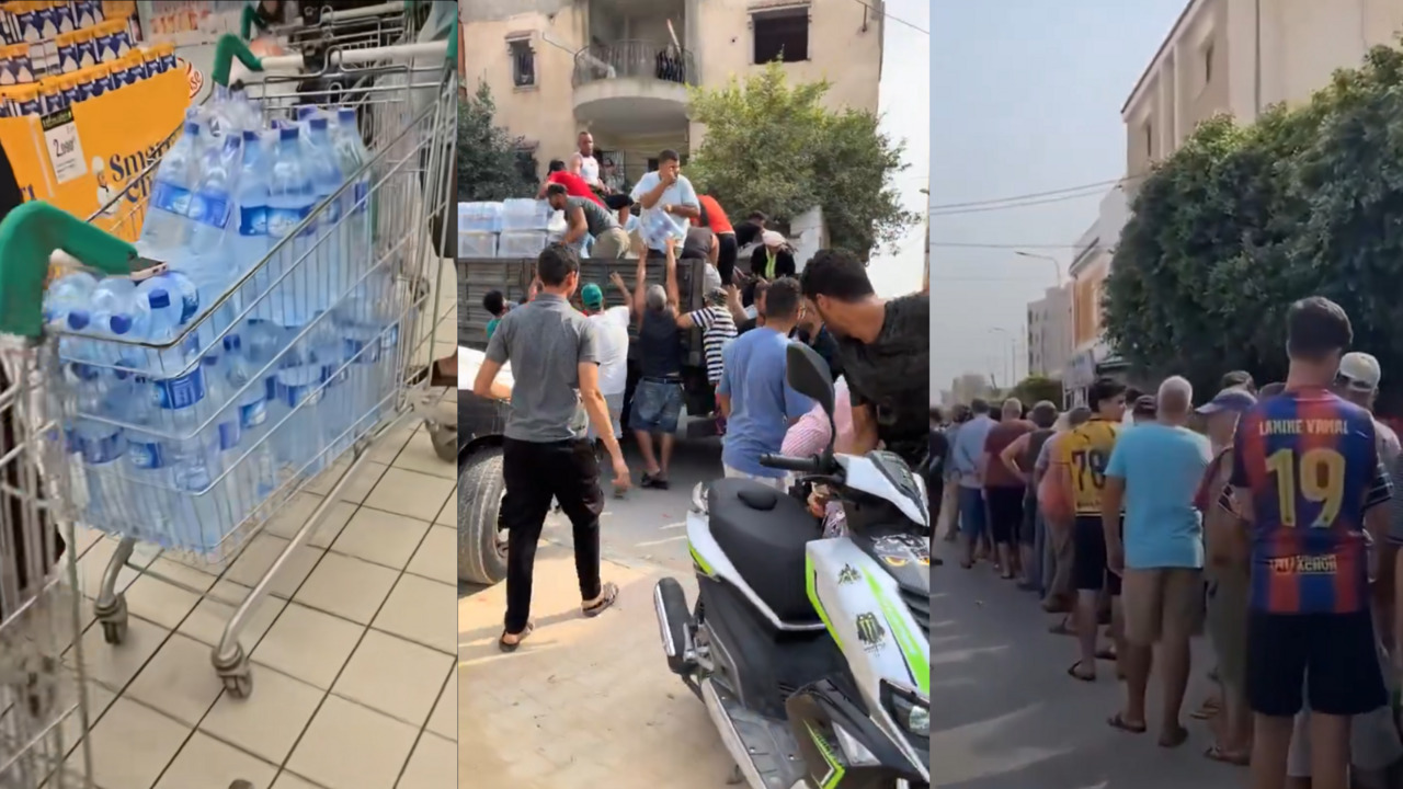 Three-panel image shows bottled water carts, a crowd around a truck, and people queueing outdoors.