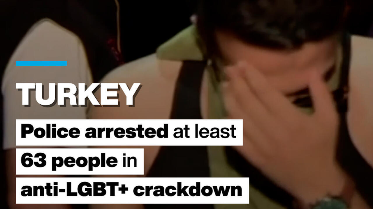 Close-up of a person covering their face beside text about Turkey's anti-LGBT+ crackdown.