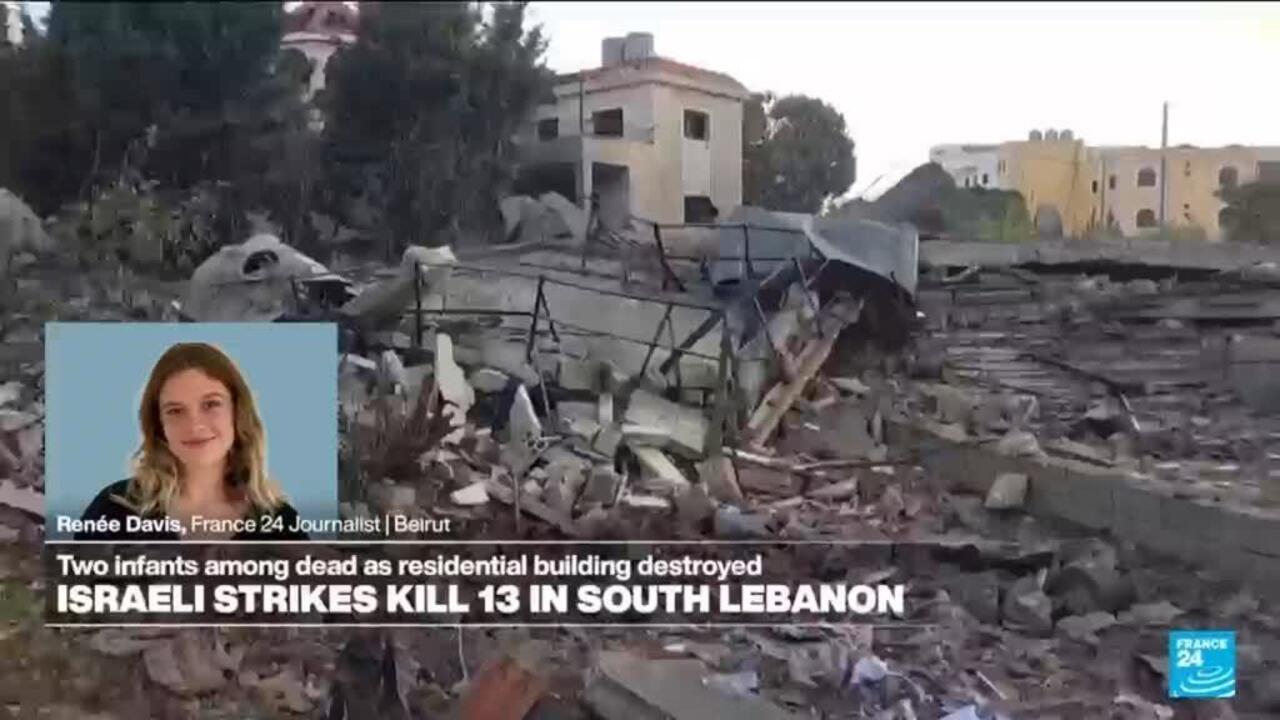 Rubble and collapsed structures fill a neighborhood, with a France 24 journalist inset at lower left.