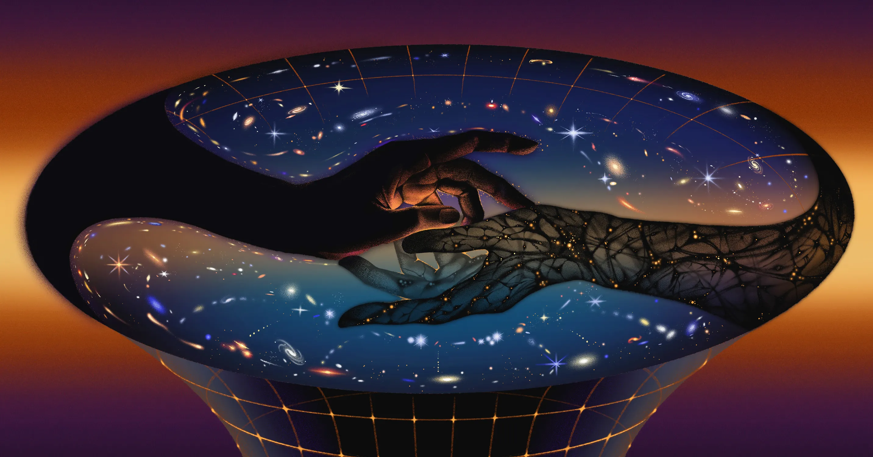 Surreal cosmic illustration of two hands reaching within a galaxy-filled dimensional ring