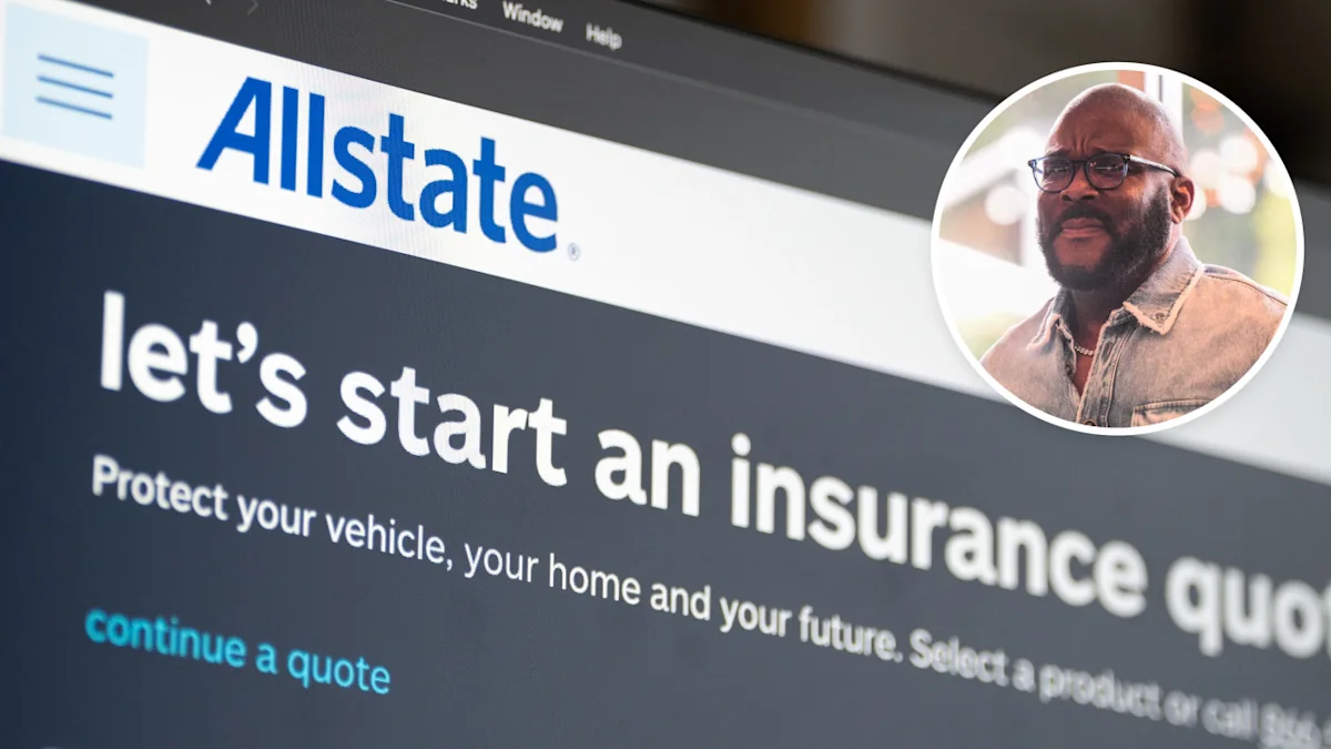 Allstate insurance webpage displayed on a computer screen beside a circular portrait of a bearded man