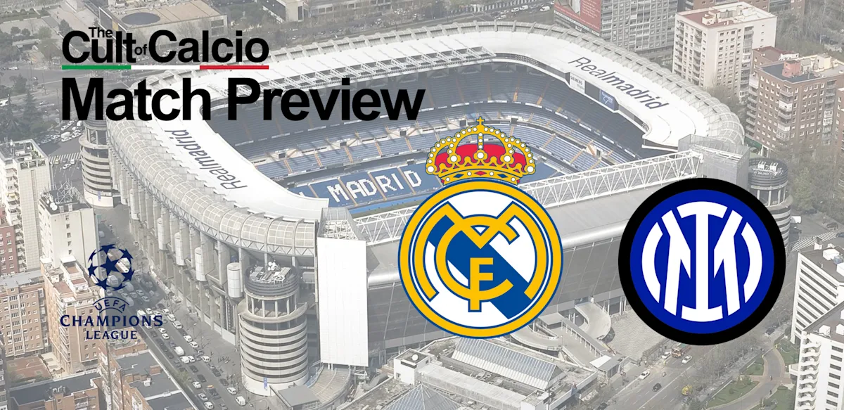Graphic showing Real Madrid and Inter logos over a stadium background with UEFA Champions League branding