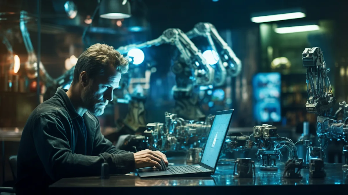 Engineer works on laptop among robotic arms and assembled robots in a dimly lit laboratory