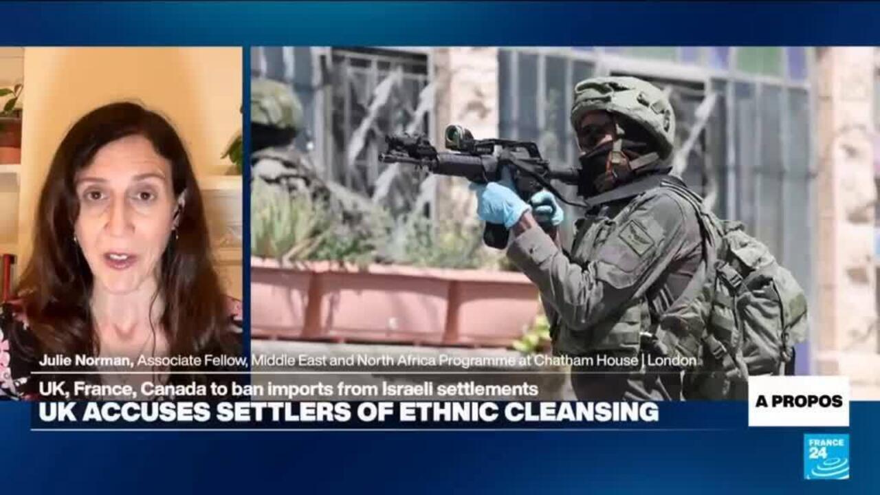 Split-screen television report showing a woman speaking beside an armed soldier in tactical gear.