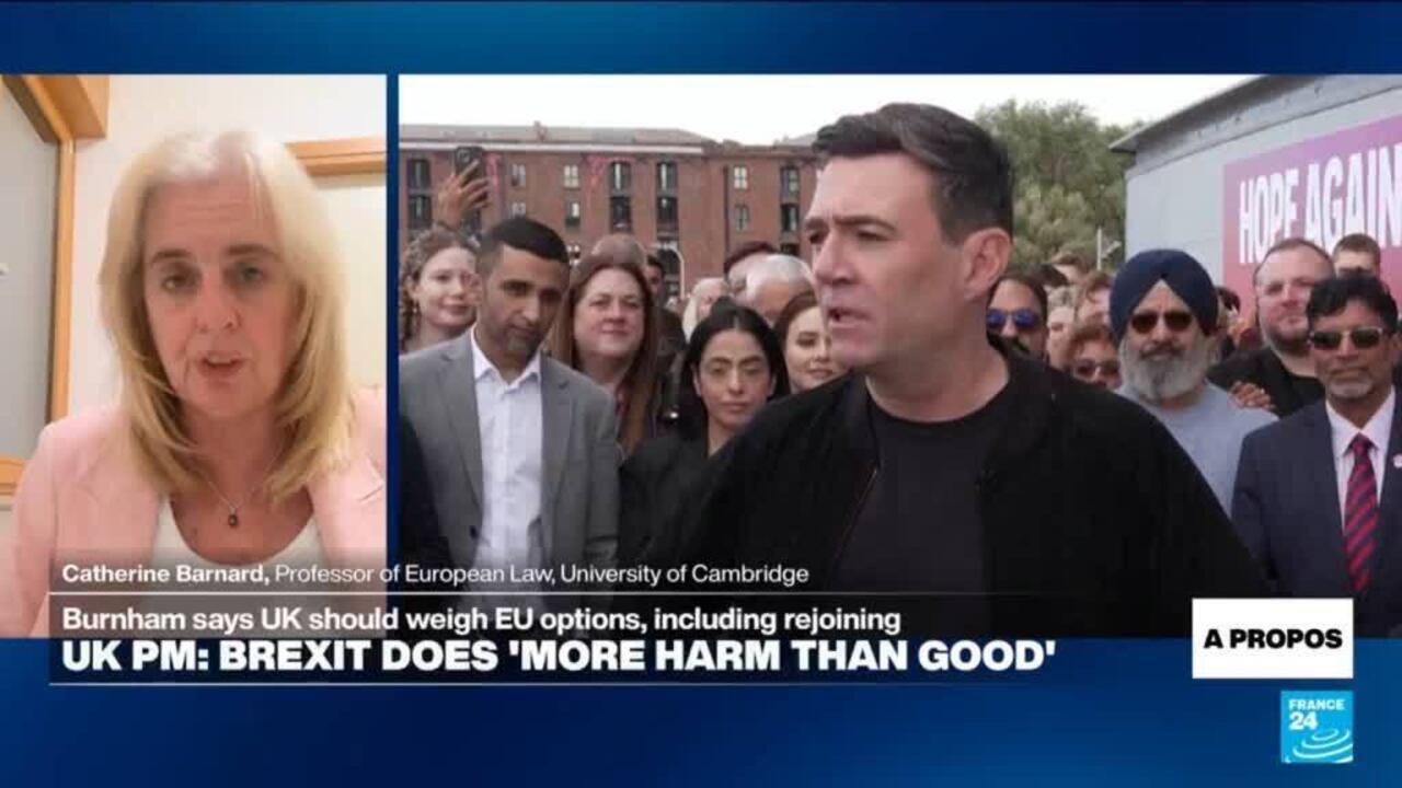 Split-screen news broadcast shows a woman speaking beside a man addressing a crowd outdoors.