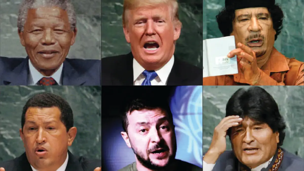 Six portrait panels show men speaking or gesturing, including one holding a white card.