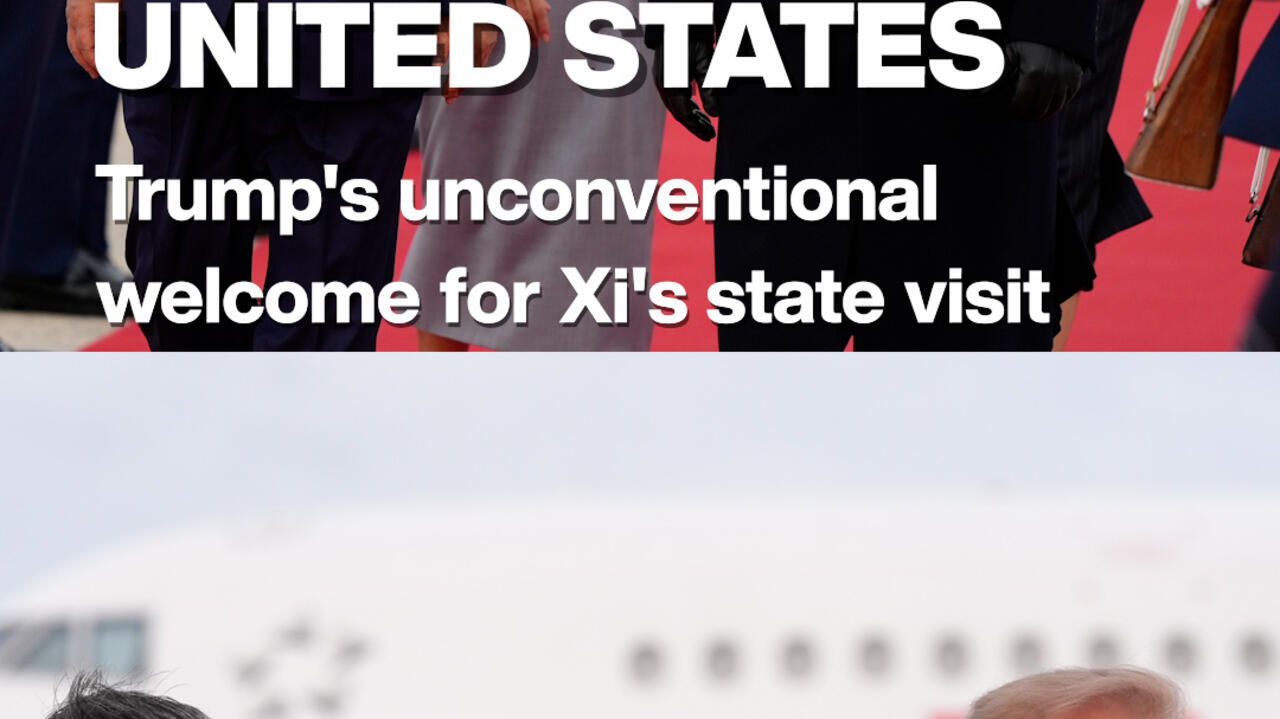 Graphic reading “United States” and “Trump’s unconventional welcome for Xi’s state visit” over a cropped scene.