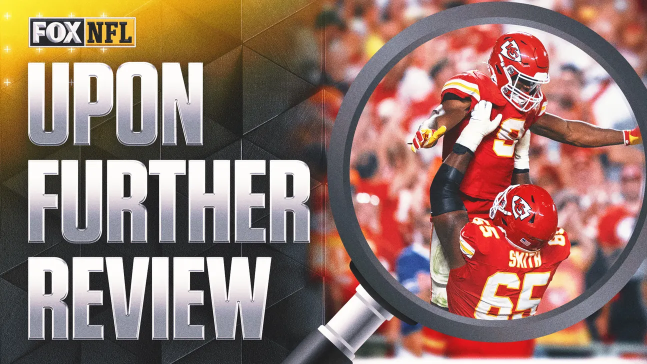 Kansas City Chiefs players in red uniforms shown through a magnifying glass beside headline text.