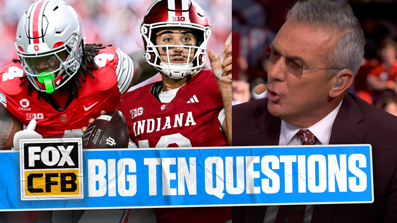Composite image of two college football players beside a gray-haired man speaking, with a blue Big Ten Questions banner.
