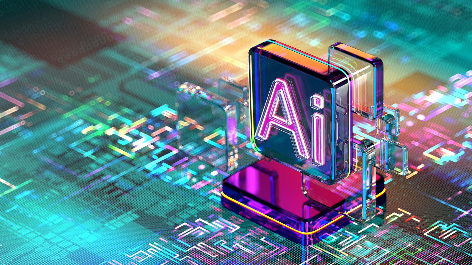 Neon three-dimensional AI letters above a colorful abstract circuit board pattern