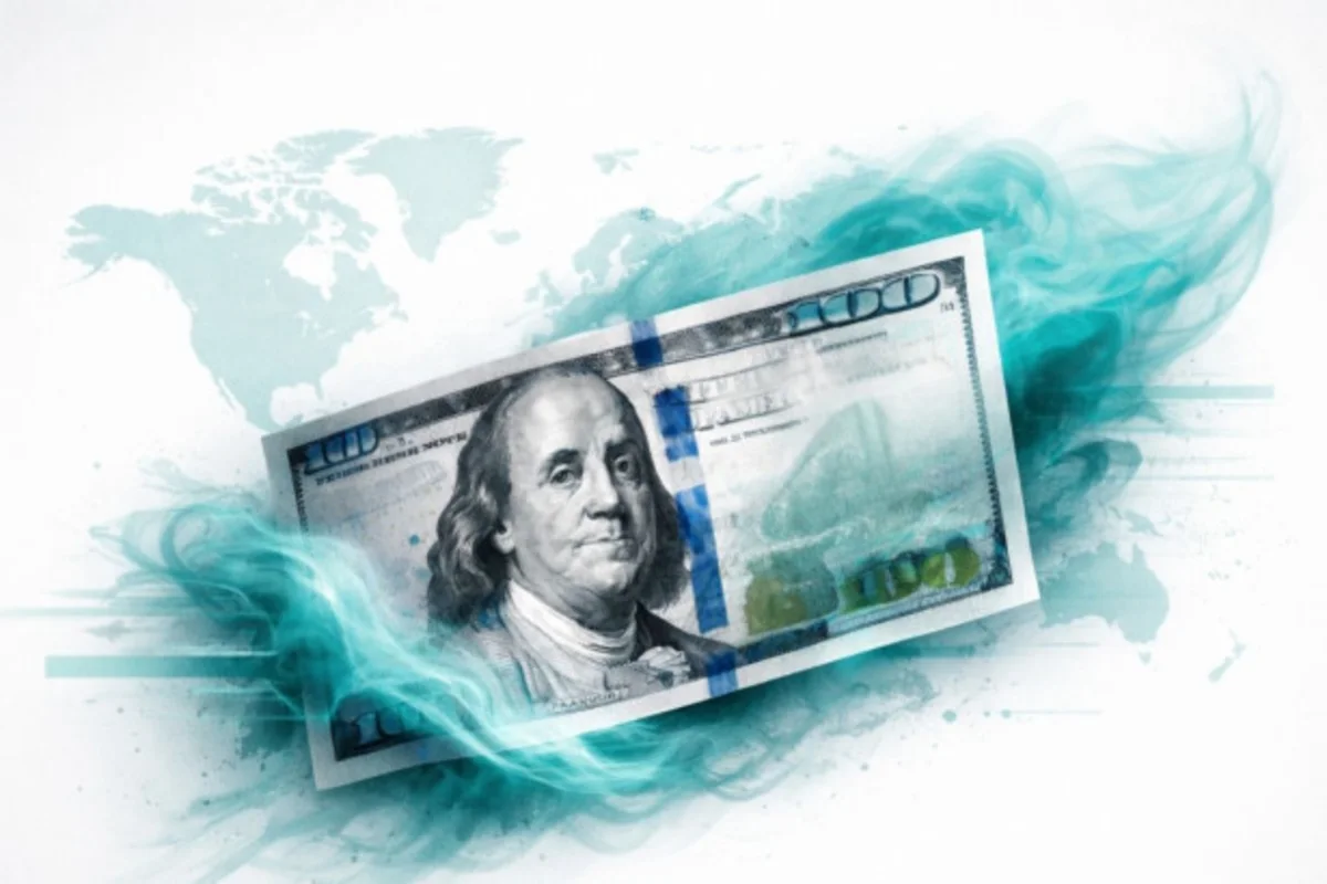 Illustration of a US $100 bill surrounded by teal smoke and a faint world map.