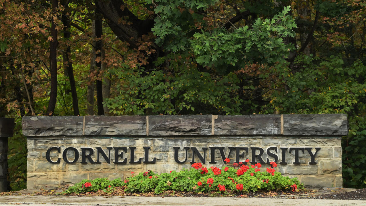 Stone sign reading Cornell University stands before dense trees, with red flowers along its base.
