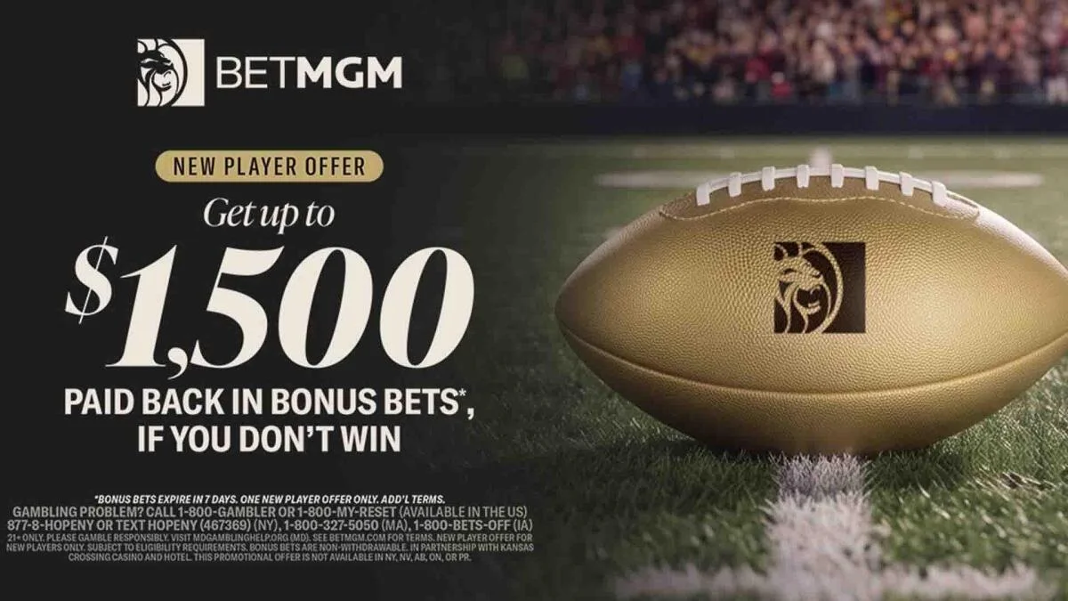 BetMGM advertisement featuring a football, $1,500 bonus-bet offer, and promotional terms.
