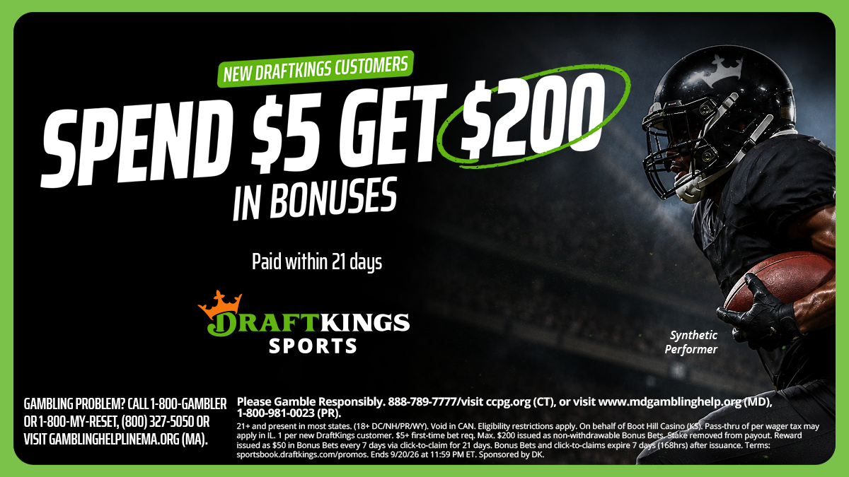 DraftKings promotional graphic featuring a football player and offer for $200 in bonus bets.