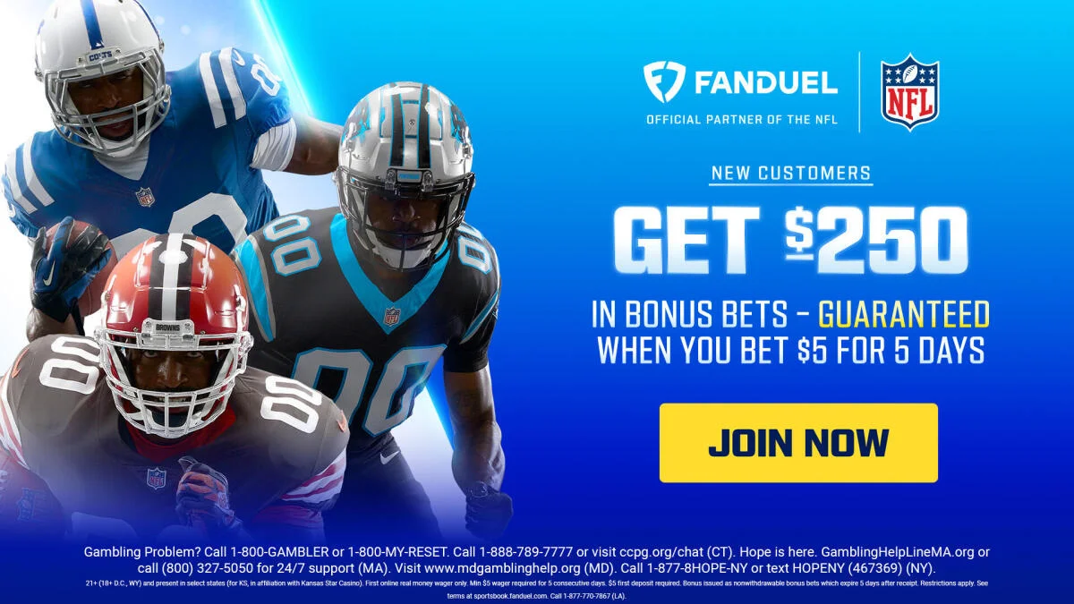 FanDuel NFL promotion shows three football players beside a $250 bonus bets offer and yellow Join Now button.