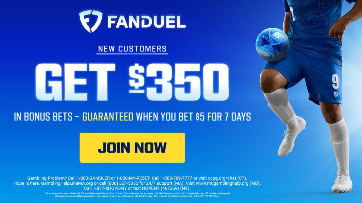 FanDuel soccer promotion offering $350 in bonus bets with a player pictured beside the offer.