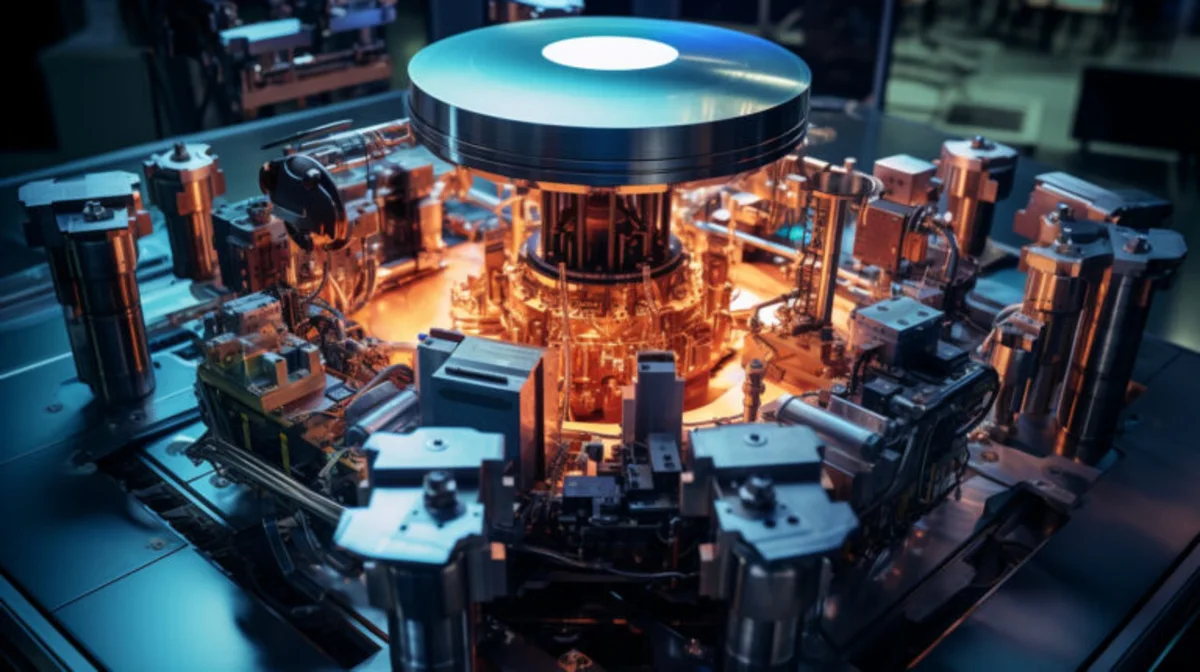 Close-up of a glowing copper and blue cylindrical scientific instrument surrounded by complex machinery.