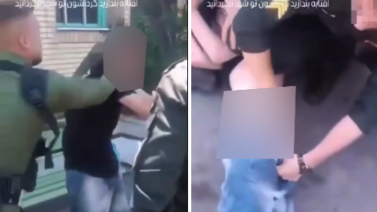 Blurry split-screen video shows several people restraining a person whose face and body are obscured.